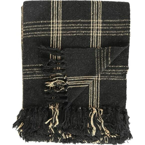 Plaid woven cotton throw blanket black tan fringe farmhouse rustic home decor 60 - Picture 5 of 8